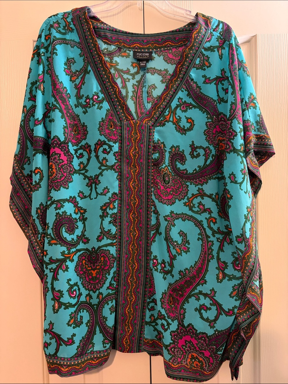 Nicole Turquoise Paisley V-Neck Tunic with Pink and Green Accents